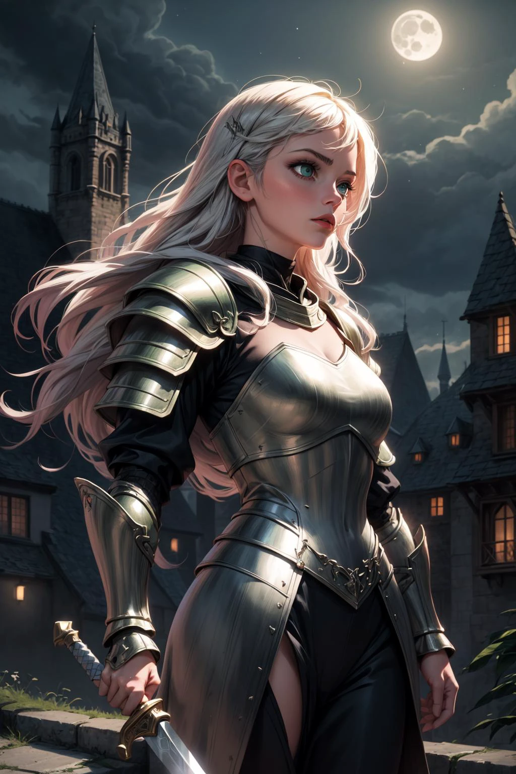 ((best quality, masterpiece)),
1girl, power pose, black and green necromancer plunging armor, white messy hair, sword, outdoor, night, moonlight, smokes on background, ((full moon ):0.5), medieval, fantasy, castle on background, <lora:more_details:0.5>