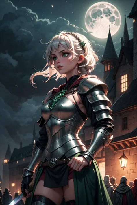 ((best quality, masterpiece)),
1girl, power pose, black  and green necromancer plunging  armor, white messy hair, sword,  outdoor, night, moonlight, smokes on background, ((full moon ):0.5), medieval, fantasy, castle on background, <lora:more_details:0.5>