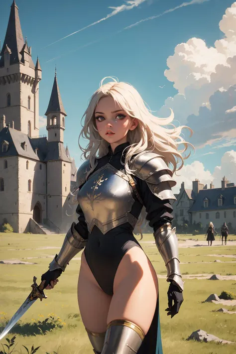 ((best quality, masterpiece)),
1girl, black metal and gold and necromancer leotard armor, white messy hair, sword, outdoor, clouds on background,fantasy, medieval, castle on background