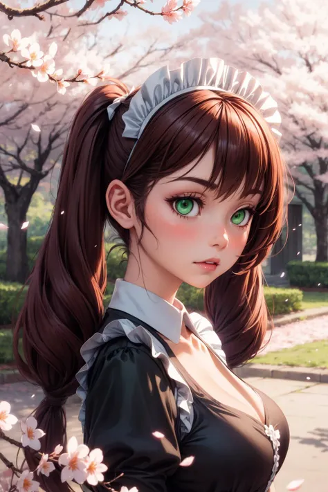 1girl, maid, brown twintails, green eyes,cherry blossoms, sunbeam,<lora:add_detail:0.6>