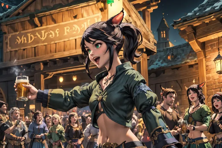 ((best quality)), ((masterpiece)), (detailed),(high-resolution:1.2),
medieval tavern, merriment and revelry fill the air, the scene is alive with a bustling crowd, joyously celebrating. Warm, inviting lights cast a golden glow, creating an atmosphere of cozy camaraderie.
Laughter and music intertwine as friends and strangers raise their tankards, toasting to the night, vibrant tapestry of medieval festivity, where the ale flows freely and the spirit of revelry knows no bounds.
Becky solo drinking beer, miqo'te, cat ear, (scare on cheek), ponytail, dark hair, green eyes, navel, (((casual outfit, black shirt ))))