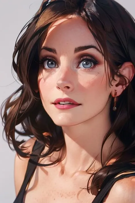 1girl,(solo:1.3),simple background,(distracted expression:1.3),full shot,20-year-old,cute face,<lora:friends_monica_geller_v1:0.85>,front view,(monica geller:1.4),looking at viewer,upper body,