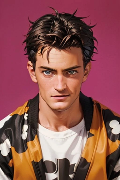 1girl,(solo:1.3),simple background,(mischievous expression:1.3),full shot,20-year-old,cute face,front view,upper body,<lora:friends_chandler_bing_v1:0.75>,(chandler bing:1.4),