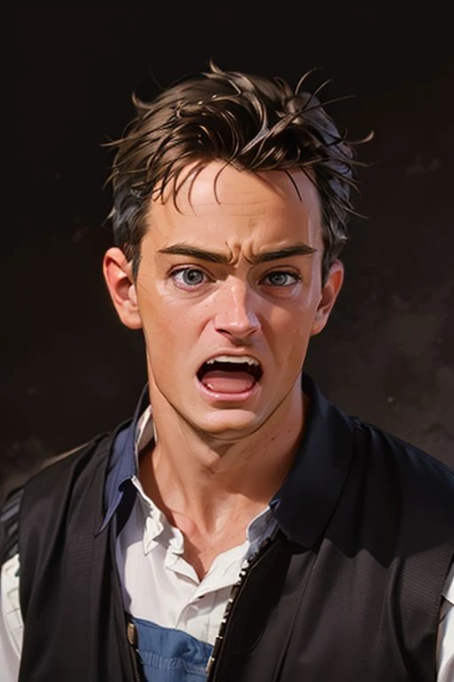 1girl,(solo:1.3),simple background,(hysterical expression:1.3),full shot,20-year-old,cute face,front view,upper body,<lora:friends_chandler_bing_v1:0.75>,(chandler bing:1.4),