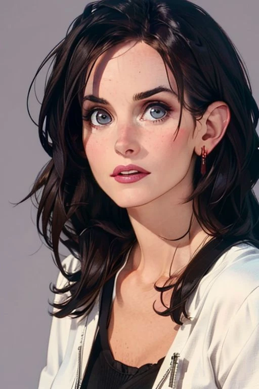 1girl,(solo:1.3),simple background,(afraid expression:1.3),full shot,20-year-old,cute face,<lora:friends_monica_geller_v1:0.85>,front view,(monica geller:1.4),looking at viewer,upper body,