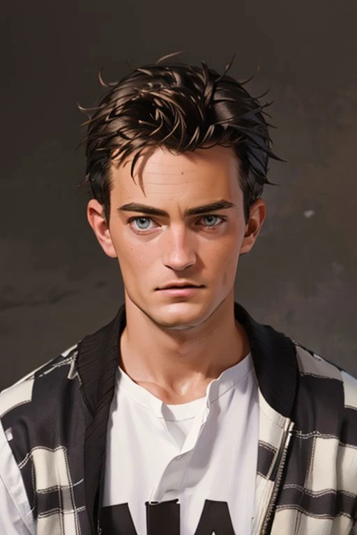1girl,(solo:1.3),simple background,(nervous expression:1.3),full shot,20-year-old,cute face,front view,upper body,<lora:friends_chandler_bing_v1:0.75>,(chandler bing:1.4),