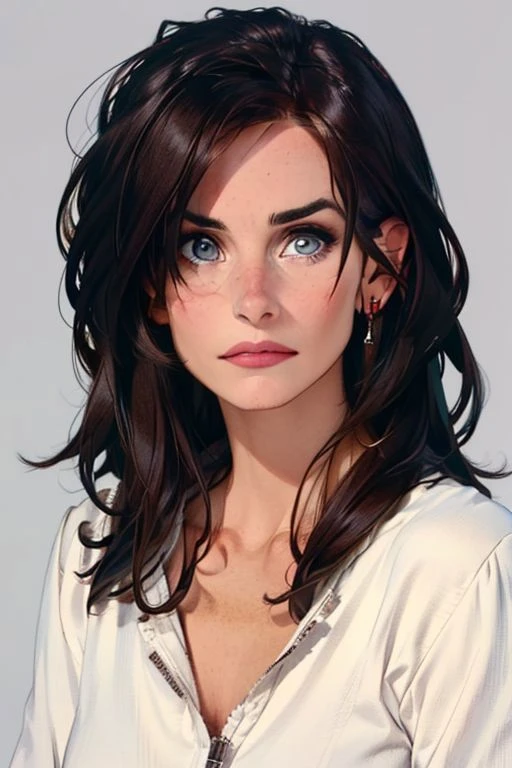 1girl,(solo:1.3),simple background,(complacent expression:1.3),full shot,20-year-old,cute face,<lora:friends_monica_geller_v1:0.85>,front view,(monica geller:1.4),looking at viewer,upper body,