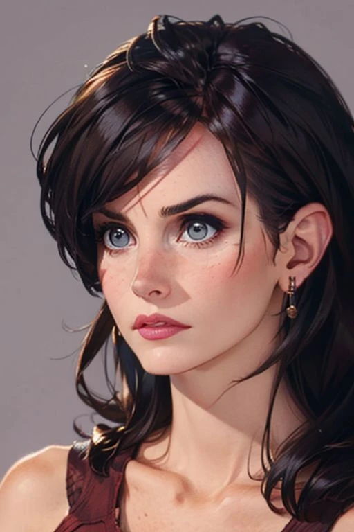 1girl,(solo:1.3),simple background,(pensive expression:1.3),full shot,20-year-old,cute face,<lora:friends_monica_geller_v1:0.85>,front view,(monica geller:1.4),looking at viewer,upper body,
