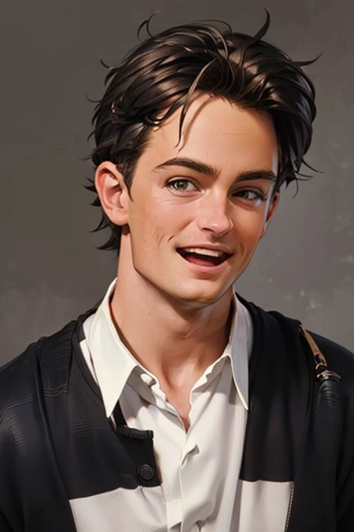 1girl,(solo:1.3),simple background,(happy expression:1.3),full shot,20-year-old,cute face,front view,upper body,<lora:friends_chandler_bing_v1:0.75>,(chandler bing:1.4),