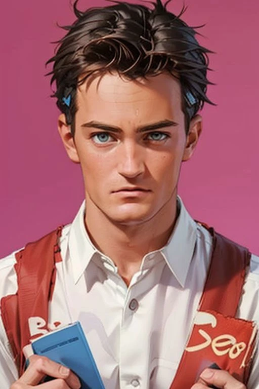 1girl,(solo:1.3),simple background,(lovestruck expression:1.3),full shot,20-year-old,cute face,front view,upper body,<lora:friends_chandler_bing_v1:0.75>,(chandler bing:1.4),
