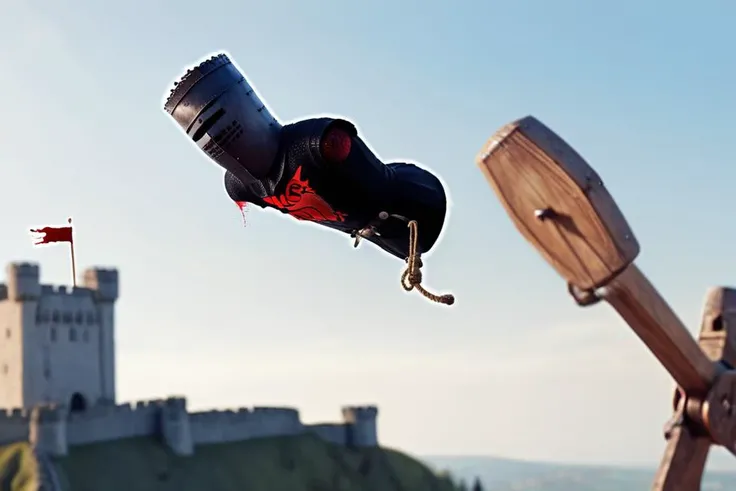Photo-realistic high resolution photography of simple blank white background, a limbless black knight being thrown from a (wooden catapult:1.2) into the blue sky towards a castle on a hill in the distance <lora:black-knight-04:0.8>, bloody trail, bokeh, LDSR, Depth of Field, OverallDetail