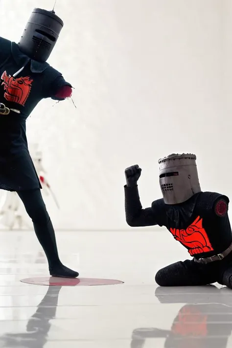 Photo-realistic high resolution photography of simple blank white background, <lora:black-knight-04:0.8> black knight on the floor fighting an one-eyed cyclope giant on a glassy field, bokeh, LDSR, Depth of Field, OverallDetail
