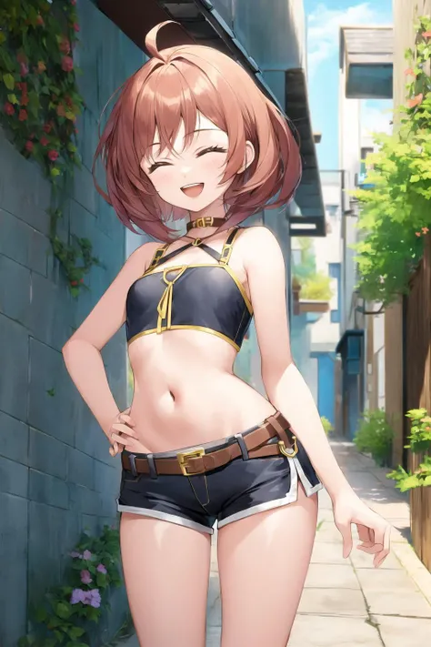 (alley:1.2), 1girl, flat chest, (wide hips:1.2), :d, short shorts, closed eyes, laugh, <lora:AtomicHips2:0.6>, <lora:Alley:0.6>