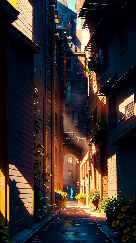 alley, flower, balcony, garden, window,  <lora:Alley-10:1>, (((high quality))), highly_detailed, (masterpiece:1.2),(best quality:1.2),(Low saturation:1.2),(Light colors:1.2), cyan and yellow theme, sunlight, masterpiece,ultra realistic,32k,extremely detailed CG unity 8k wallpaper, best quality