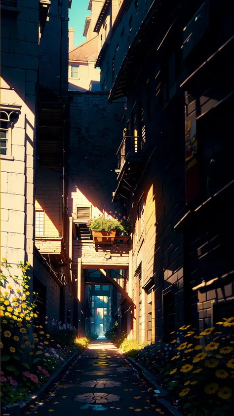 alley, flower, balcony, garden, window,  <lora:Alley-10:1>, (((high quality))), highly_detailed, (masterpiece:1.2),(best quality:1.2),(Low saturation:1.2),(Light colors:1.2), cyan and yellow theme, sunlight, masterpiece,ultra realistic,32k,extremely detailed CG unity 8k wallpaper, best quality