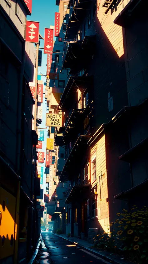 alley, flower, balcony, garden, window, <lora:Alley-10:1>, (((high quality))), highly_detailed, (masterpiece:1.2),(best quality:1.2),(Low saturation:1.2),(Light colors:1.2), cyan and yellow theme, sunlight, outdoors, road, car, motor vehicle, ground vehicle, scenery, tree, power lines, street, utility pole, sky, building, day, road sign, lamppost, crosswalk, fence, traffic light, sign, city, cloud, masterpiece,ultra realistic,32k,extremely detailed CG unity 8k wallpaper, best quality