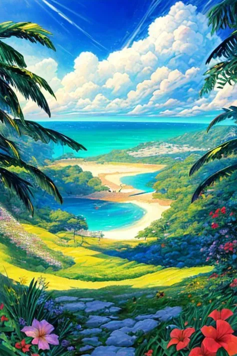 A beautiful coastal area, many tropical flowers, sand, blue vast Ocean, sky, clouds , lush greenery, sunny weather, bright daylight, 
 glistening, Tsutomu Nihei style, beautiful colors, Manga nib pen style, nature, highly detailed, light, sparkle, glistening atmosphere