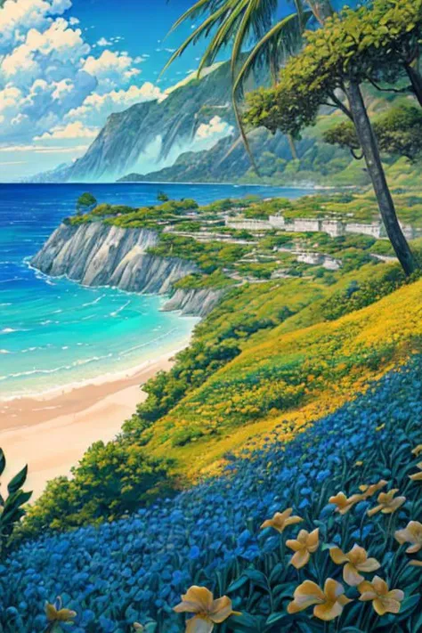 A beautiful coastal area, many tropical flowers, sand, blue vast Ocean, sky, clouds , lush greenery, sunny weather, bright daylight, 
 glistening, Tsutomu Nihei style, beautiful colors, Manga nib pen style, nature, highly detailed, light, sparkle, glistening atmosphere