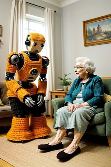 a lovely granny and a knitted robot made of wool, a robot made of knitted wool, in an old living room, in a granny house living room