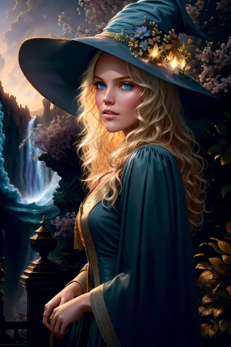 Style-Nebmagic, Style-SylvaMagic, <lora:SimoH-000025:0.7>award winning character concept art of, a cute magical witch, blue eyes, blonde hair, blurry_background,  witch hat, natural lighting, lips, looking_at_viewer, solo, from side, highly detailed 8k character concept portrait studio lighting by Annie Leibovitz and Steve McCurry octane render trending on artstation made in Maya 4K high quality digital painting dramatic lighting ,