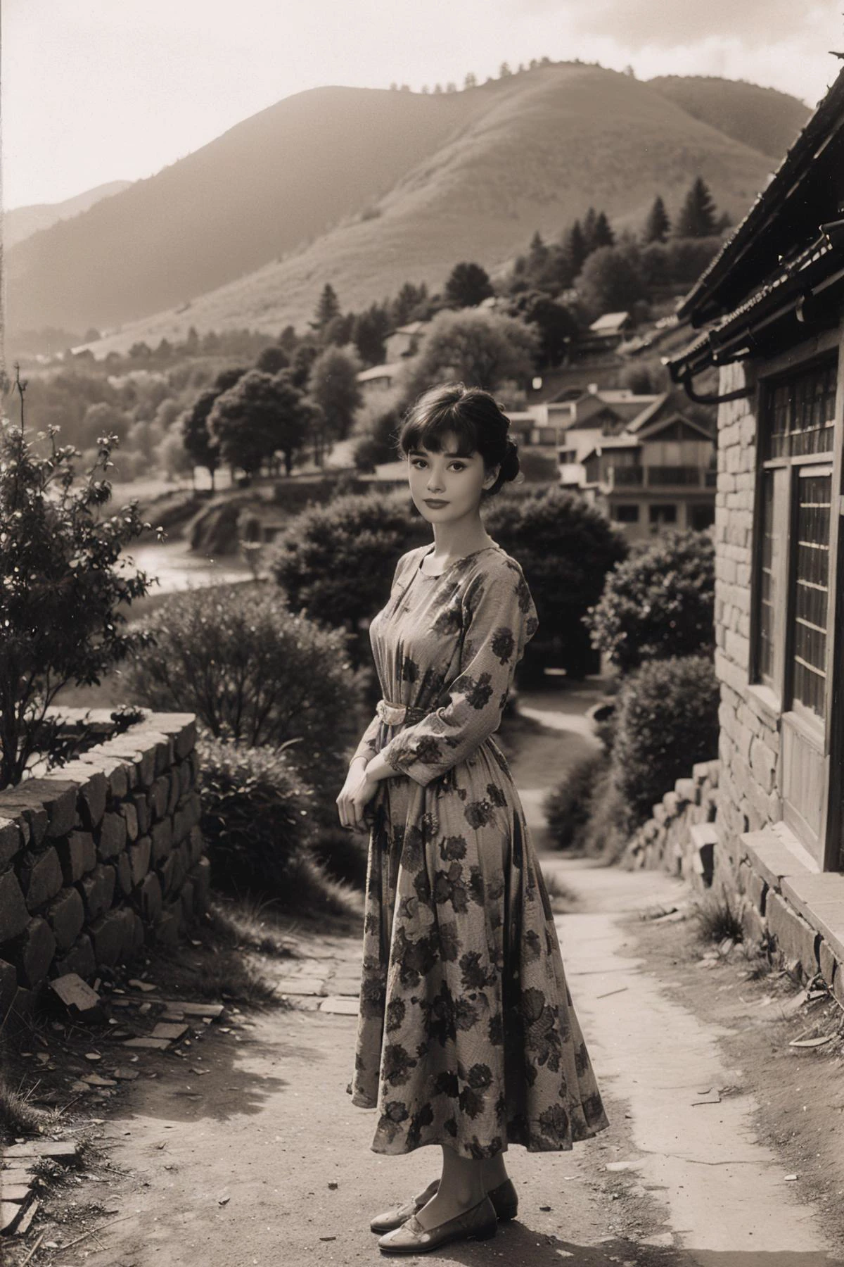 1girl,realistic,best quality,looking_at_viewer,(picturesque:1.3),<lora:Audrey Hepburn:0.9>,(bangs:1.2),(full body:1.2),(print_dress:1.3),<lora:èç
§ç:0.5>,sepia old photo,