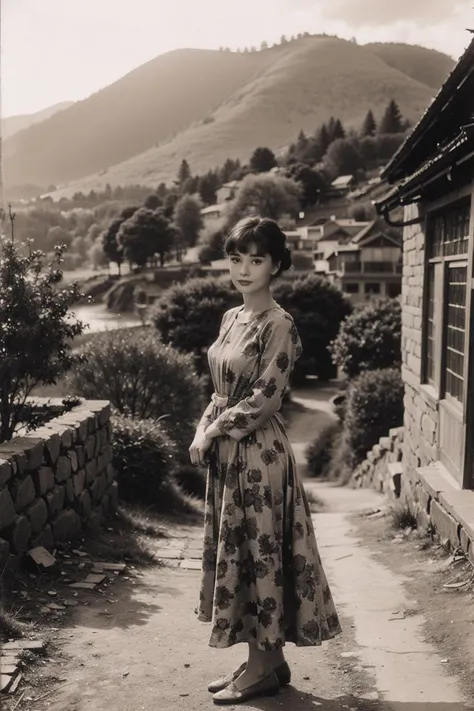 1girl,realistic,best quality,looking_at_viewer,(picturesque:1.3),<lora:Audrey Hepburn:0.9>,(bangs:1.2),(full body:1.2),(print_dress:1.3),<lora:èç§ç:0.5>,sepia old photo,