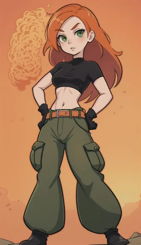 One girl, ginger, curly hair, long hair, serious face, green eyes, black top, panties, pubic hair, military boots, gloves, dirty, ripped clothes, sweating, nipple, apocalypse