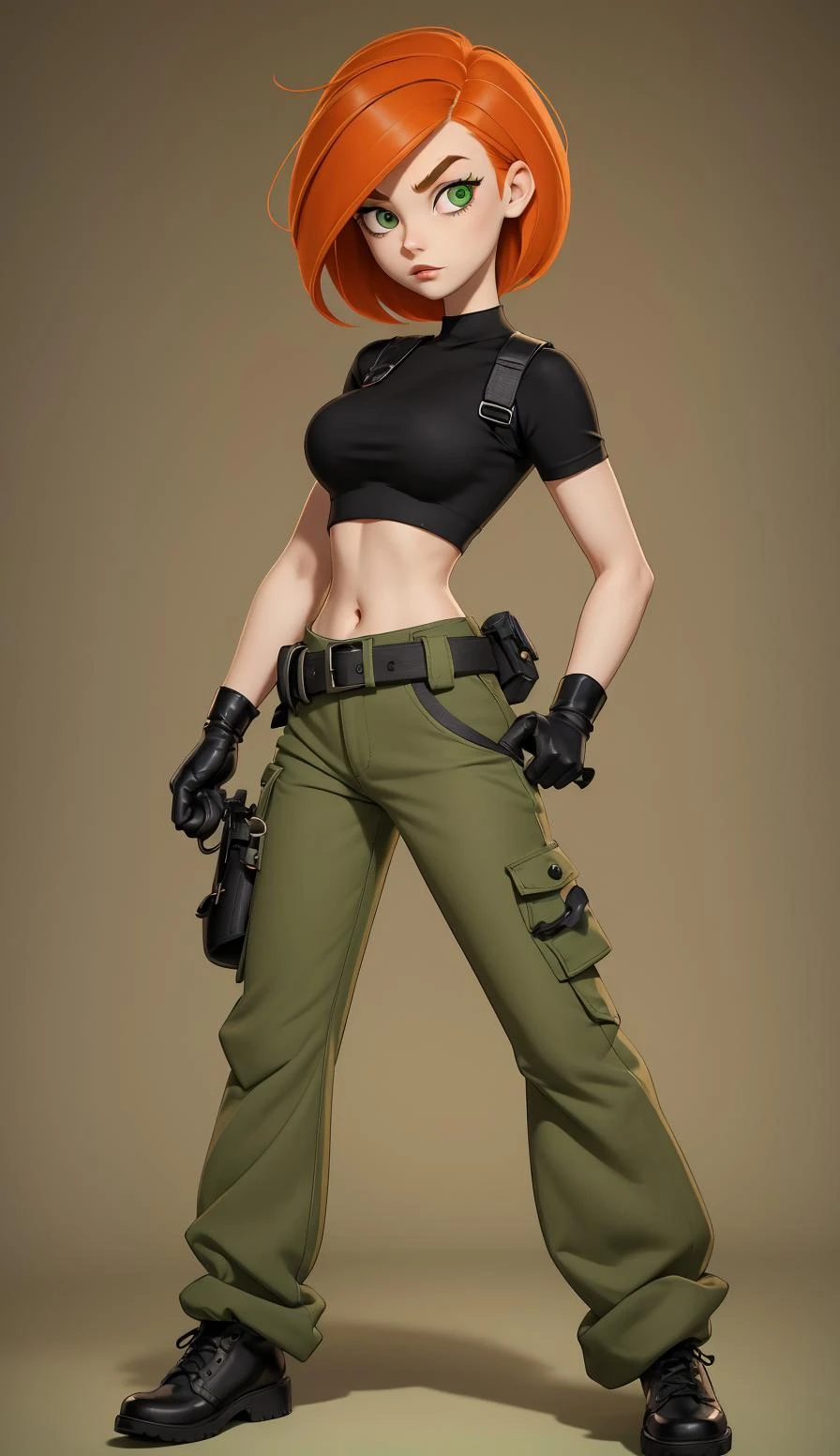 1girl, (cartoon:1.3), detailed eyes, looking at the viewer <lora:Kim_Possible:1>, Orange-red hair, green eyes, confident expression, black crop top, black gloves, brown belt, green cargo pants, pale skin, thin eyebrows