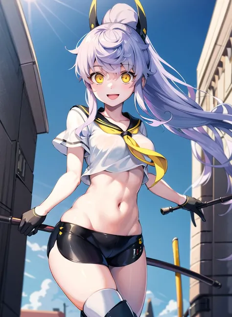 1girl,masterclass,best quality, illustration, PurifierDefault, outdoors,city,standing,day, black_gloves, black_shorts, crop_top, headgear, looking_at_viewer, midriff, ponytail, sailor_collar, sailor_shirt, short_sleeves, smile, thigh_boots, yellow_neckerchief, micro_shorts, black_sailor_collar, <lora:purifier_D8_V2_e6:1>