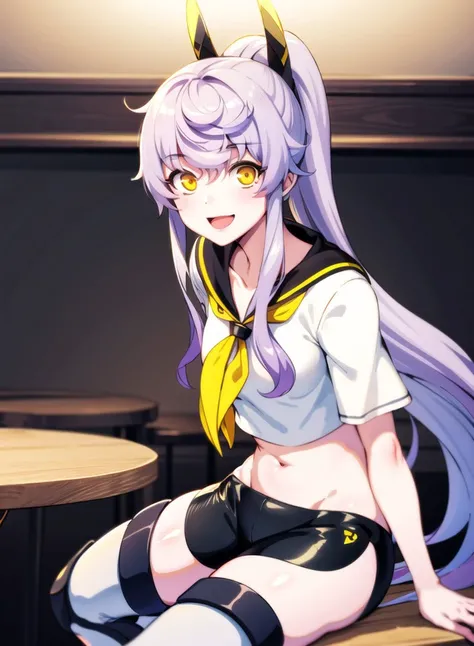 1girl,masterclass,best quality, illustration, PurifierDefault, indoors,sitting,table,black_gloves, black_shorts, crop_top, headgear, looking_at_viewer, midriff, ponytail, sailor_collar, sailor_shirt, short_sleeves, smile, yellow_neckerchief, micro_shorts, black_sailor_collar, <lora:purifier_D8_V2_e6:1>
