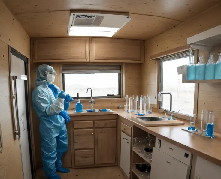 <lora:Tiny_House_on_Wheels:1> a tiny house on wheels. breaking bad (methamphetamine lab:1.5). glass side, visible drug brewing equipment. trailer home style.
masterpiece composition. background is new mexico desert. (walter white:1.4)