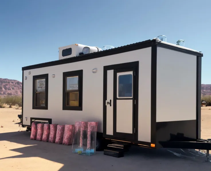 <lora:Tiny_House_on_Wheels:1> a tiny house on wheels. breaking bad (meth lab:1.5). glass side, visible drug brewing equipment. trailer home style.
masterpiece composition. background is new mexico desert