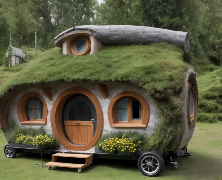 <lora:Tiny_House_on_Wheels:1> a tiny house on wheels. (on wheels:1.9) (hobbit house:1.3) style.
masterpiece composition. background is forest