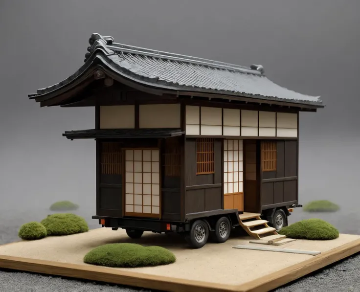 <lora:Tiny_House_on_Wheels:1> a tiny house on wheels japanese edo period style
masterpiece composition. background is a beautiful foggy zen garden.