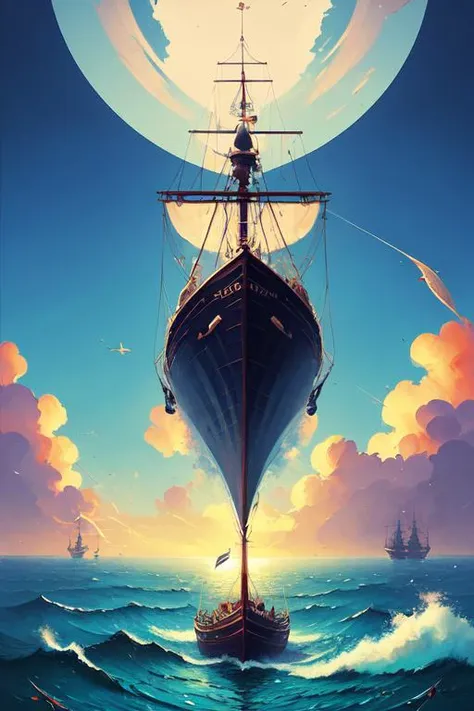 ocean where a large pirate ship is sailing, pirates flag, cgsociety, fantasy art, 2 d game art, concept art, heavenly lighting, retrowave, behance hd, concept art by jesper ejsing, by rhads, makoto shinkai cyril rolando, madgwick, cory loftis, anime studio and pixar animation studio and disney