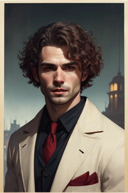 portrait of a beautiful young fit male vampire with curly blond hairs and pale skin, dressed with urban clothes, by Greg Rutkowski and alphonse mucha, d&d character, gradient white to red, in front of a modern nocturnal background, highly detailed portrait,