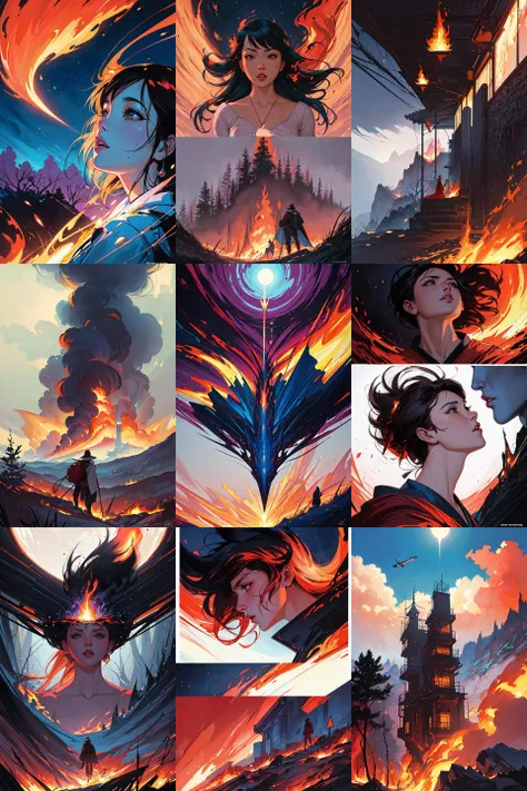 a highly detailed epic cinematic concept art CG render digital painting artwork: forest fires. By Greg Rutkowski, in the style of Francis Bacon and Syd Mead and Norman Rockwell and Beksinski, open ceiling, highly detailed, painted by Francis Bacon and Edward Hopper, painted by James Gilleard, surrealism, airbrush, Ilya Kuvshinov, WLOP, Stanley Artgerm, very coherent, triadic color scheme, art by Takato Yamamoto and James Jean