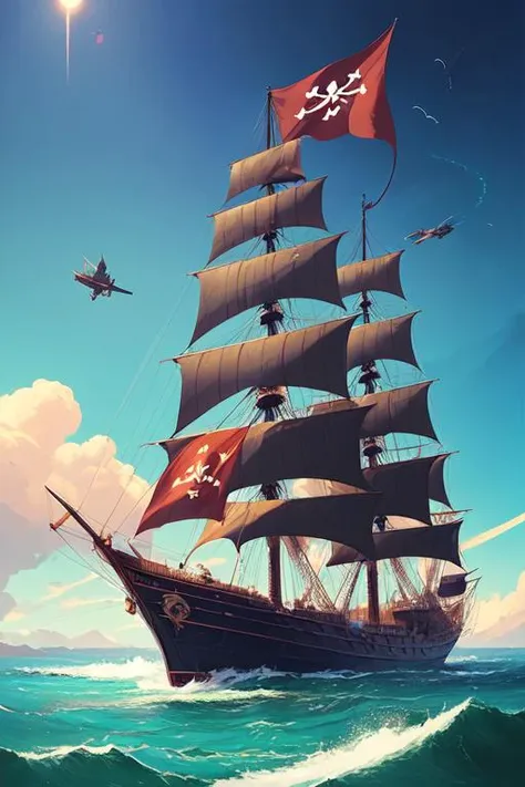 ocean where a large pirate ship is sailing, pirates flag, cgsociety, fantasy art, 2 d game art, concept art, heavenly lighting, retrowave, behance hd, concept art by jesper ejsing, by rhads, makoto shinkai cyril rolando, madgwick, cory loftis, anime studio and pixar animation studio and disney