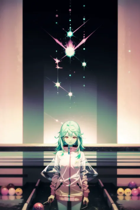 solo, 1girl, miserable, small breasts, aqua hair, pink eyes, pink transparent raincoat, tornadoes, glitter particles, tundra, bowling alley, detailed background, nature, surreal <lora:kukka_style_v02.05.05.01:1>