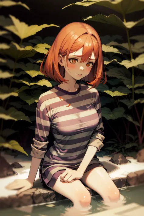 solo, 1girl, stubborn, medium breasts, orange hair, bronze eyes, dark purple striped shirt, stome, day, jungle, onsen, detailed background, nature, surreal <lora:kukka_style_v02.05.05.01:1>