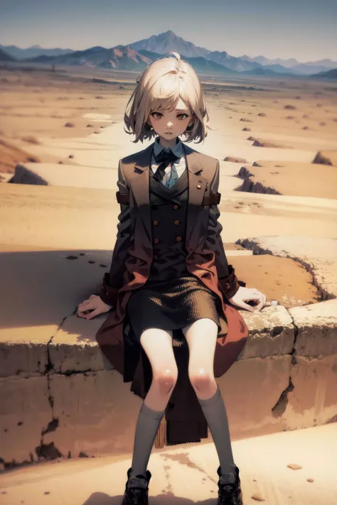 arid desert, mountain, detailed background, surrealsolo, 1girl, fear, flat chest, beige hair, brown eyes, black tailcoat, drizzle, day <lora:kukka_style_v02.05.05.01:1>