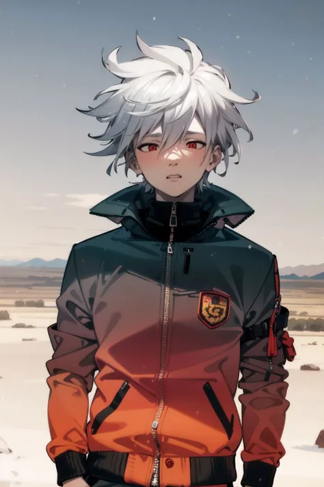 solo, 1boy, male, envious, light grey hair, red eyes, light grey bomber jacket, day, temperate desert, snowy, detailed background, surreal,  <lora:kukka_style_v02.05.05.01:1>