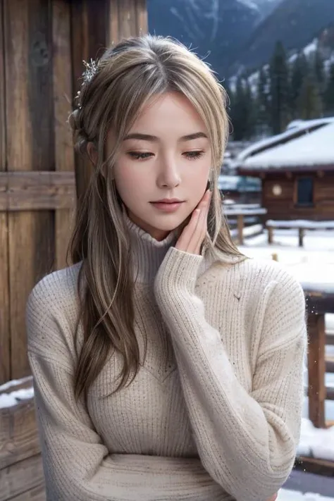 a profesional picture of 1 girl,teen girl,small breasts,astetic beauty,  <lora:yorcom-v2 character:0.69> yorcom   on sunset , in Village of the Frozen Ancestors: A Nordic village nestled within the icy embrace of a mountain range. Snowflakes dance in the air, settling on wooden roofs and icy pathways. The aroma of crackling fires mingles with the scent of pine, creating a cozy and inviting atmosphere for weary travelers seeking solace from the wintry expanse., Thoughtful Rubbing of the Chin: Rubbing their chin in contemplation, their eyes narrow slightly as they mull over a complex idea. Their gesture is deliberate, and their gaze is focused.  realistic ,perfect quality,best quality,ultrasharp,ultradetailed,perfect quality,masterpiece,intricated details,  <lora:add_detail:0.4>