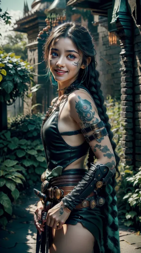 a profesional picture of 1 girl, AS-YoungV2  , small breasts,astetic beauty, <lora:jinx (2):0.69> jinx, shoulder tattoo, jinx (league of legends), purple eyes, freckles, arm tattoo, piercing  on afternoon, posing with a  Thornclad Sabre: A sabre with a serrated blade and a hilt wrapped in thorny vines. The blade's edge is adorned with wickedly sharp barbs, making it a fearsome cutting weapon. in hand, , smile realistic ,perfect quality,best quality,ultrasharp,ultradetailed,perfect quality,masterpiece,intricated details,  close up  <lora:add_detail:0.4> hotify, <hypernet:sxzBloom_sxzBloom:0.4> , extremally detailed, SkinPerfection_NegV15 <lora:halloweenTech:0.6> halloweentech , scifi, supernatural green, spooky