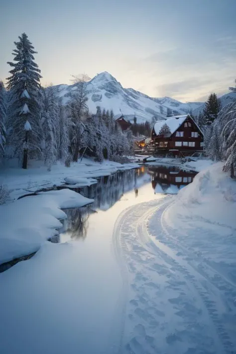 a profesional picture of 1 girl,teen girl,small breasts,astetic beauty,  <lora:ww:0.69> 1girl, white hair, feathers, curly hair, pale skin   on afternoon, in Nordic Village in the Gloaming: A quaint Nordic village embraced by the fading light of the setting sun. The timbered houses with steep-pitched roofs are adorned with intricate carvings, reflecting the tales of ancient sagas. The tranquil landscape is dotted with frosted pines, their branches laden with a fresh blanket of snow, and the distant silhouette of rugged mountains painted in shades of twilight blue., preparating to jump   realistic ,perfect quality,best quality,ultrasharp,ultradetailed,perfect quality,masterpiece,intricated details,  <lora:add_detail:0.4>