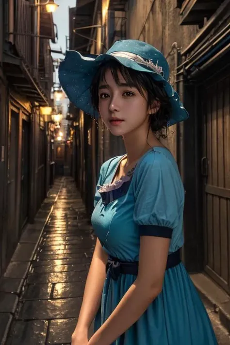 a profesional picture of 1 girl,teen girl,small breasts,astetic beauty,  <lora:steinsgate_shiina-08:0.69> shiina mayuri, hat, blue dress, short sleeves   on afternoon, in Steamy Noir Alleyway: A narrow, rain-soaked cobblestone alley, lit by the flickering glow of neon signs and dim streetlights. The wet surfaces reflect the vibrant colors, creating an atmospheric and moody ambiance. , lie on the ground   realistic ,perfect quality,best quality,ultrasharp,ultradetailed,perfect quality,masterpiece,intricated details,  <lora:add_detail:0.4>