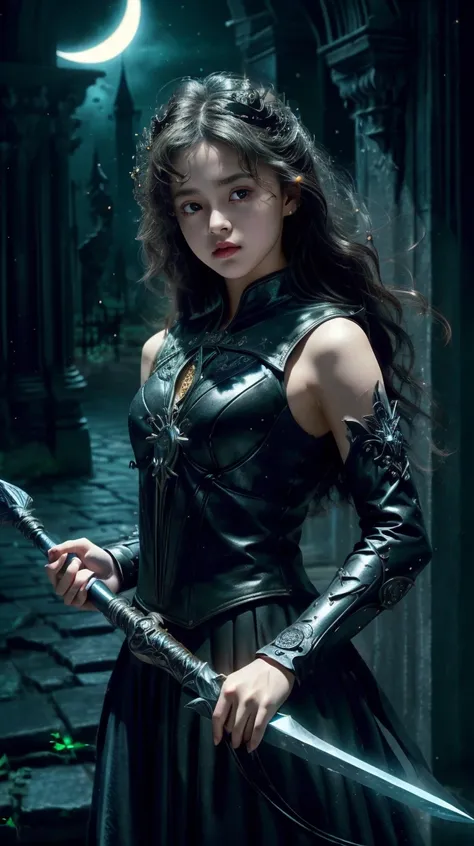 a profesional picture of 1 girl, AS-YoungV2  , small breasts,astetic beauty, <lora:Bellatrix Lestrange:0.69> Harry Potter style, analog style  on midnight , posing with a  Celestial Starblade: A saber with a crescent moon-shaped crossguard, and the blade is adorned with celestial motifs that glow faintly in the dark, resembling a starry night sky. in hand, , focused  realistic ,perfect quality,best quality,ultrasharp,ultradetailed,perfect quality,masterpiece,intricated details,  focus on character <lora:add_detail:0.4> hotify, <hypernet:sxzBloom_sxzBloom:0.4> , extremally detailed, SkinPerfection_NegV15 <lora:halloweenTech:0.6> halloweentech , scifi, supernatural green, spooky