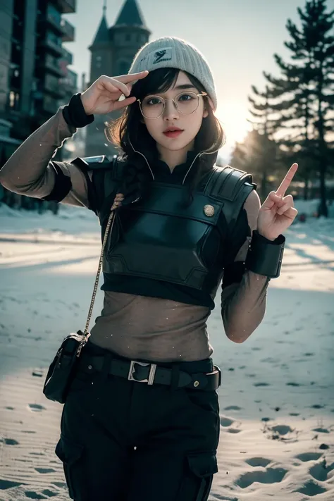 an awarded profesional photography of 1girl  <lora:dokkaebi:0.6> dokkaebi, dkdef, glasses, beanie, fingerless gloves, body armor, pants  (pale white skin), beautiful ice blue eyes,)  short hair  curly hair strawberry blonde  with ushanka  with wristband japanese costume  jovial,she make Pointing fingers forward pose Bird on shoulder in a in the middle of a sun-soaked vineyard, ripe with grapes , in winter Mark Fearnley  Softbox Lighting,(epic scene:1.3),ultradetialed character with perfect face,detailed skin,(ultrasharp:1.3),(masterpiece:1.1),best quality ,(photorealistic:1.2),ultrarealistic,realistic ultradetailed character,4k perfect quality,character focus,<lyco:GoodHands-beta2:1>Magnificent,Imperceptible detail,Intricately designed, <hypernet:sxzBloom_sxzBloom:0.6> hotify