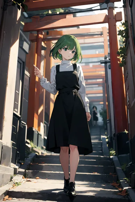 masterpiece,highres,best quality,scenery,1girl,<lora:torii_multi-wasabiya:1>, multtorii,outdoors,standing,(beautiful eyes,  black eyes , green hair , beautiful face),day , stairs