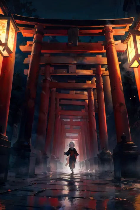 (masterpiece, best quality, ultra detailed), symmetry, vanishing point, midnight, multtorii, torii, lantern, cobblestone, [1girl, solo, smile, kimono, white hair:0.4], <lora:torii_multi-wasabiya:0.9>, cold air, hazy air, mist, mysterious, (blue tone:1.1), dark theme, dimly light,